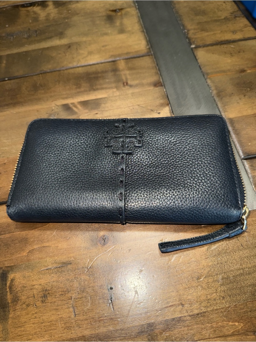 Tory Burch Navy Pebbled Leather Zip Around Wallet